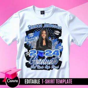 Custom Photo&Name Bling Blue Graduation T-Shirt Class of 2024 Graduation Gift