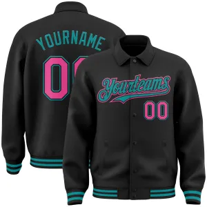 Custom Black Pink-Teal Bomber Full-Snap Varsity Letterman Lapel Collar Byron Jacket