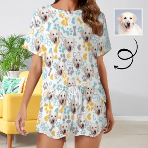 Custom Face Pet Blue&Yellow Footprint Print Pajama Set Women's Short Sleeve Top and Shorts Loungewear Athletic Tracksuits