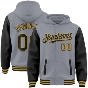 Custom Gray Black-Old Gold Bomber Full-Snap Varsity Letterman Two Tone Hoodie Jacket