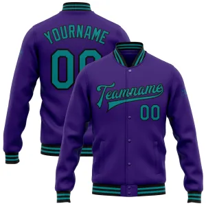 Custom Purple Teal-Black Bomber Full-Snap Varsity Letterman Jacket