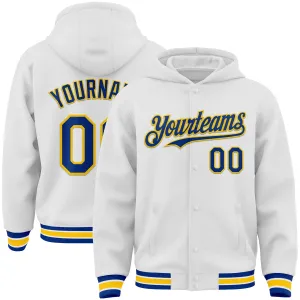 Custom White Royal-Yellow Bomber Full-Snap Varsity Letterman Hoodie Jacket