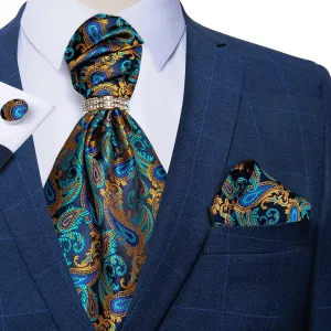 DiBanGu Ascot Tie Blue Brown Paisley Silk Cravat Tie Hanky Cufflinks With Tie Ring Set