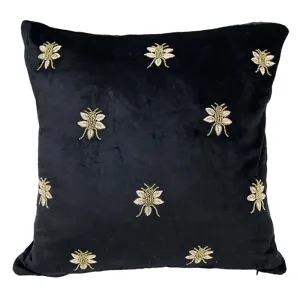 Embroidered Bee Black Velvet Cushion (45cm)