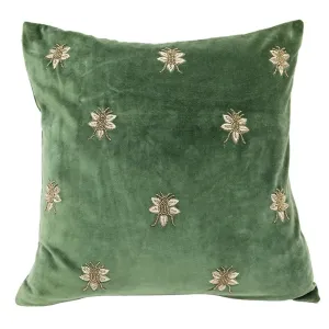 Embroidered Bee Green Velvet Cushion (45cm)