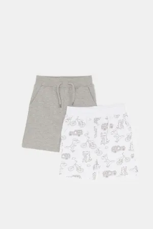 Infant Boys Grey Plain And White Printed Active Shorts Set (2 Piece)