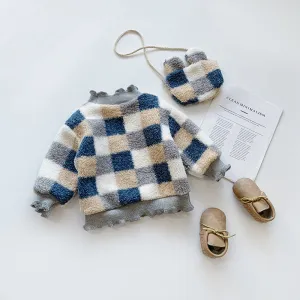 Korean style plaid small bag plus velvet thick sweater