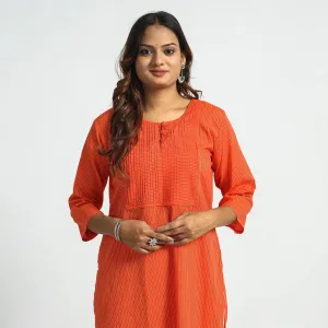 Orange - Plain Running Stitch Cotton Pintuck Long Straight Kurta