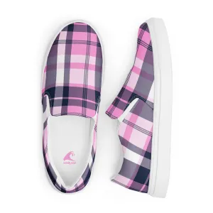 Pink and Navy Blue Preppy Surfer Plaid Women's Slip On Canvas Shoes