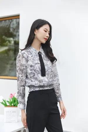 Smoke Grey Ribbon Tie Blouse Shirt