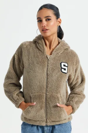 Women Beige Fleece Zip Through Hooded Sweatshirt