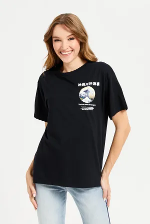 Women Black Hokusai Printed T-Shirt