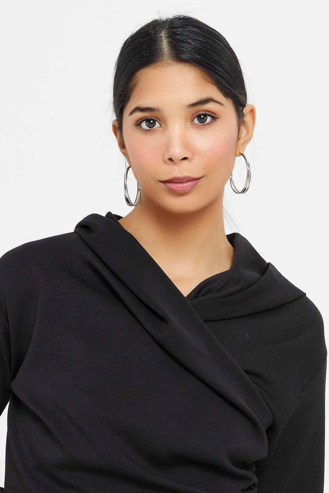 Women Black Hoodie With Wrap Over Front