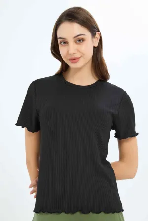 Women Black Ribbed T-Shirt