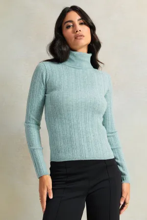 Women Blue Textured High Neck Sweater